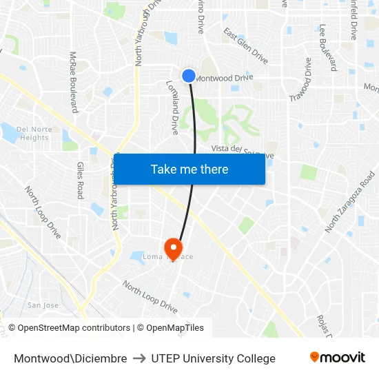 Montwood\Diciembre to UTEP University College map
