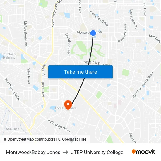 Montwood\Bobby Jones to UTEP University College map