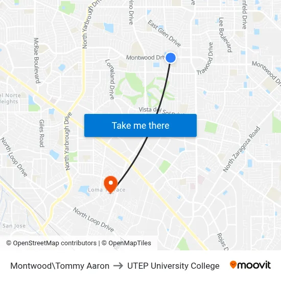 Montwood\Tommy Aaron to UTEP University College map