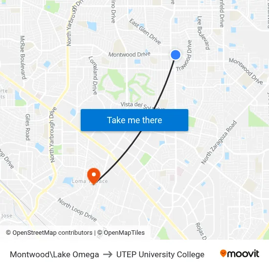 Montwood\Lake Omega to UTEP University College map