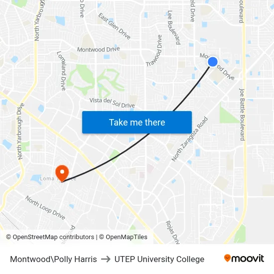 Montwood\Polly Harris to UTEP University College map