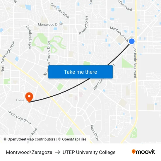 Montwood\Zaragoza to UTEP University College map