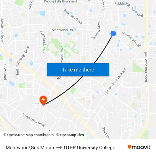 Montwood\Gus Moran to UTEP University College map