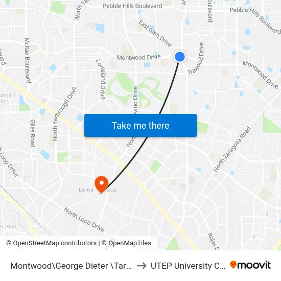 Montwood\George Dieter \Target Store to UTEP University College map