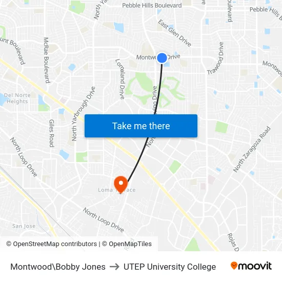 Montwood\Bobby Jones to UTEP University College map