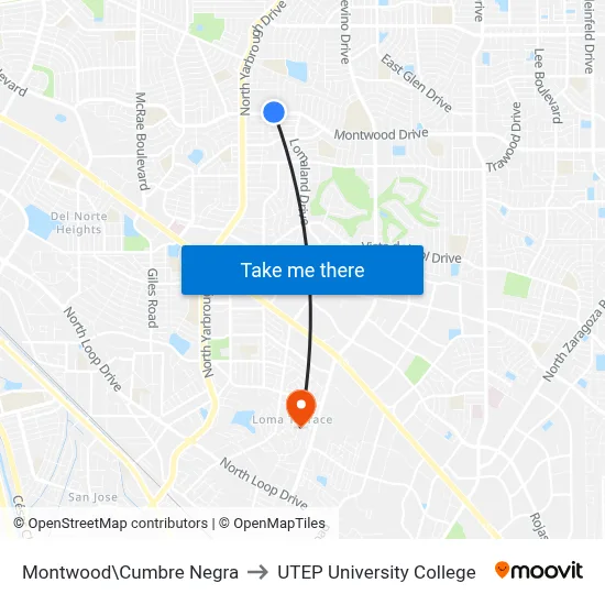 Montwood\Cumbre Negra to UTEP University College map