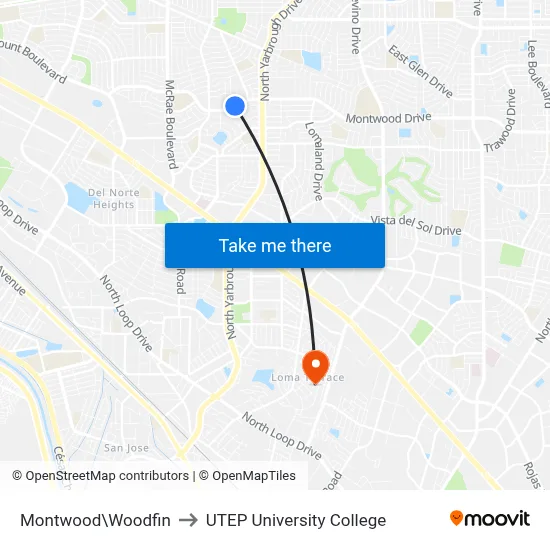 Montwood\Woodfin to UTEP University College map
