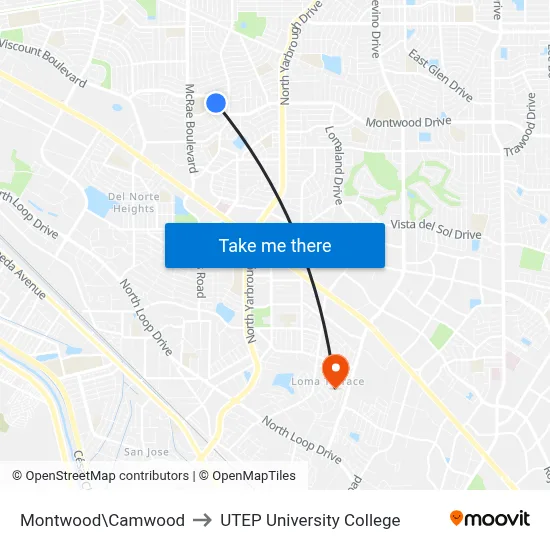 Montwood\Camwood to UTEP University College map
