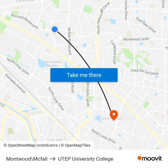 Montwood\Mcfall to UTEP University College map