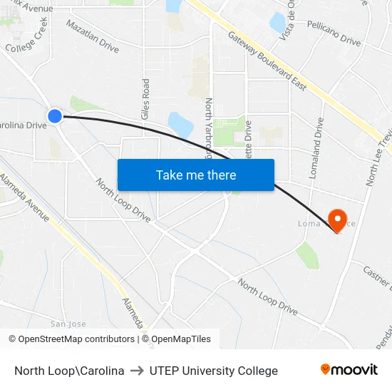 North Loop\Carolina to UTEP University College map