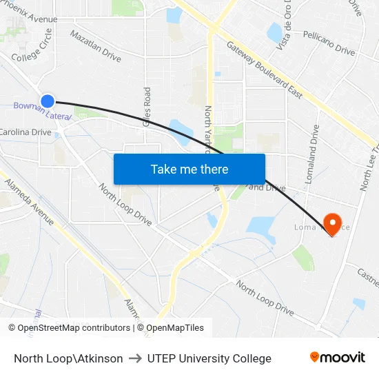 North Loop\Atkinson to UTEP University College map