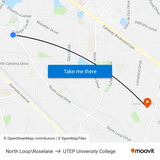 North Loop\Roselane to UTEP University College map