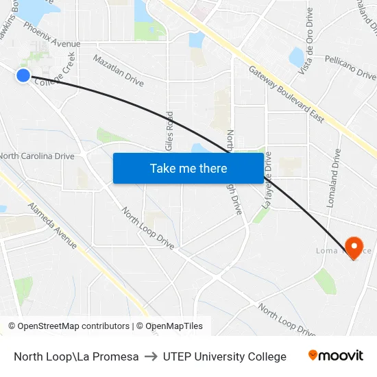 North Loop\La Promesa to UTEP University College map
