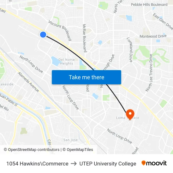 1054 Hawkins\Commerce to UTEP University College map