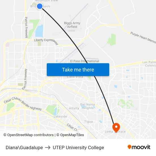 Diana\Guadalupe to UTEP University College map