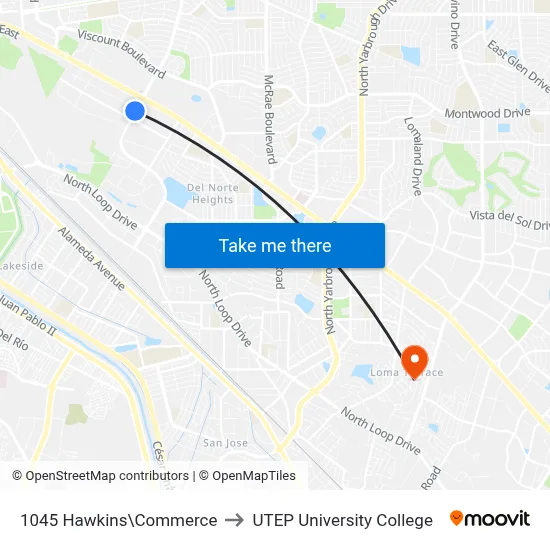 1045 Hawkins\Commerce to UTEP University College map