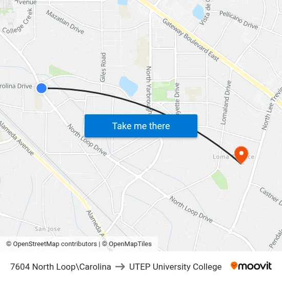 7604 North Loop\Carolina to UTEP University College map