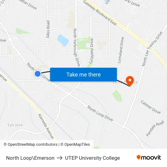 North Loop\Emerson to UTEP University College map