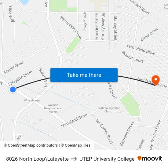 8026 North Loop\Lafayette to UTEP University College map