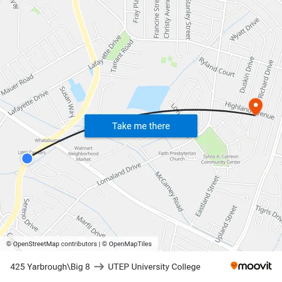 425 Yarbrough\Big 8 to UTEP University College map