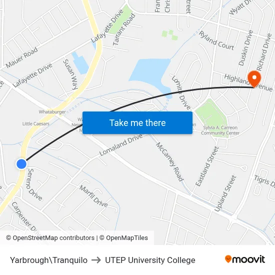 Yarbrough\Tranquilo to UTEP University College map