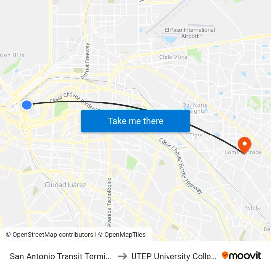 San Antonio Transit Terminal to UTEP University College map