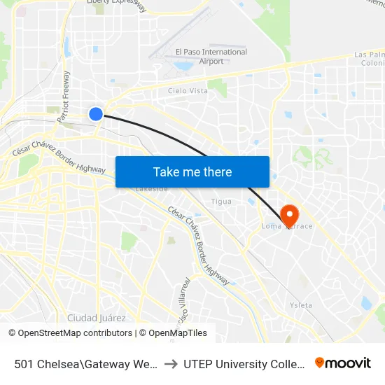 501 Chelsea\Gateway West to UTEP University College map