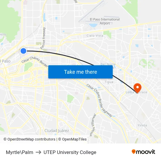 Myrtle\Palm to UTEP University College map