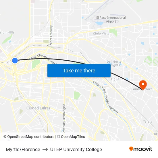 Myrtle\Florence to UTEP University College map