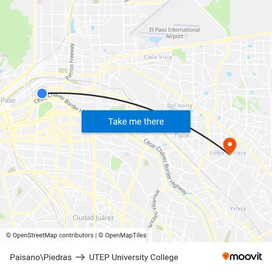 Paisano\Piedras to UTEP University College map