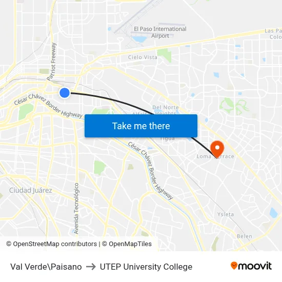 Val Verde\Paisano to UTEP University College map