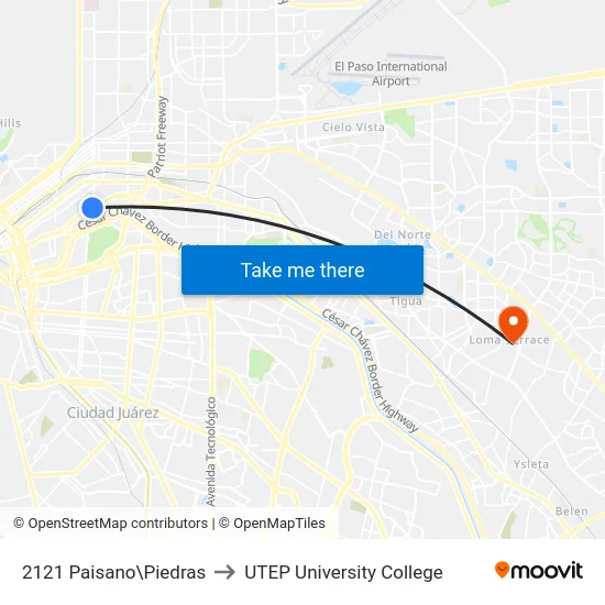 2121 Paisano\Piedras to UTEP University College map