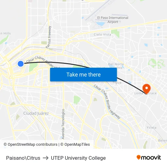 Paisano\Citrus to UTEP University College map