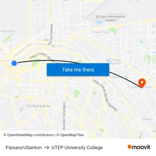 Paisano\Stanton to UTEP University College map