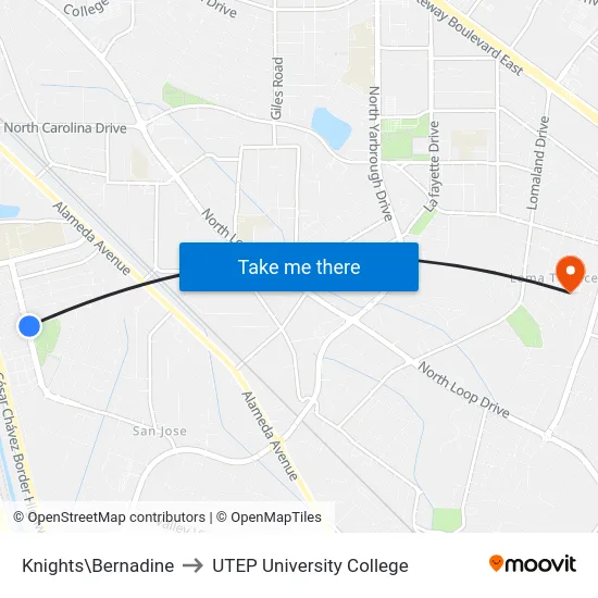 Knights\Bernadine to UTEP University College map