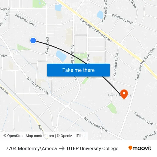7704 Monterrey\Ameca to UTEP University College map