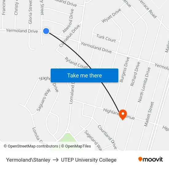 Yermoland\Stanley to UTEP University College map