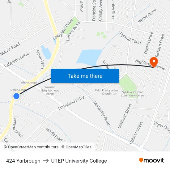 424 Yarbrough to UTEP University College map