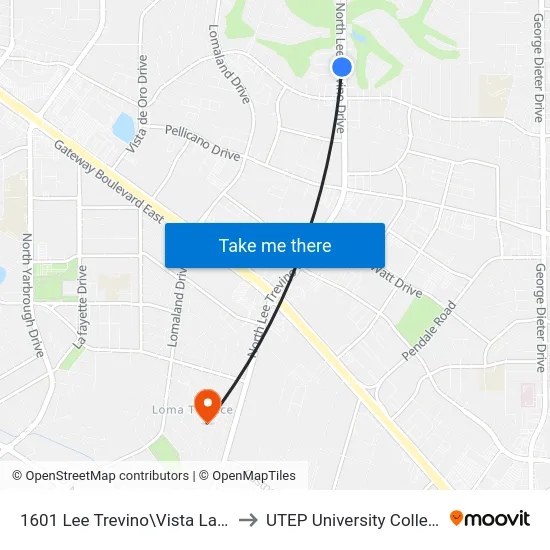 1601 Lee Trevino\Vista Lago to UTEP University College map