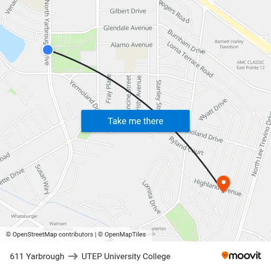 611 Yarbrough to UTEP University College map