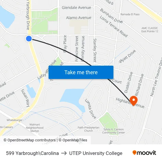 599 Yarbrough\Carolina to UTEP University College map