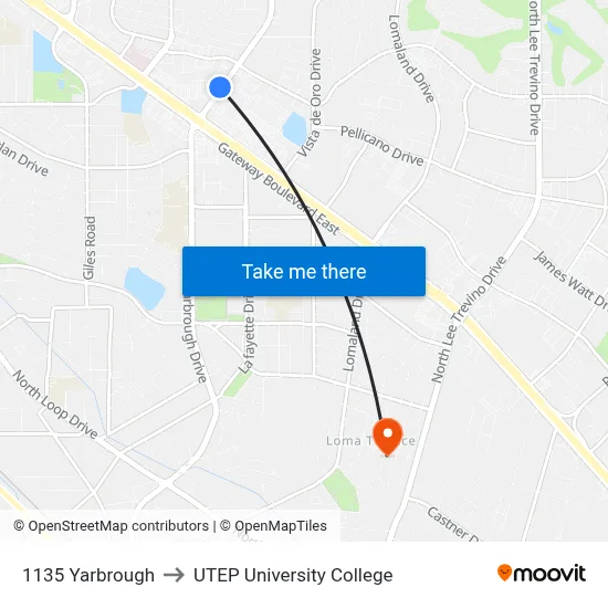 1135 Yarbrough to UTEP University College map