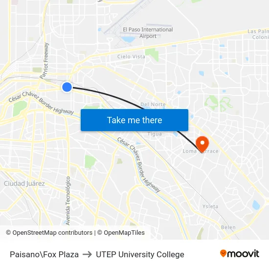 Paisano\Fox Plaza to UTEP University College map