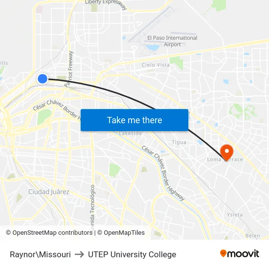 Raynor\Missouri to UTEP University College map