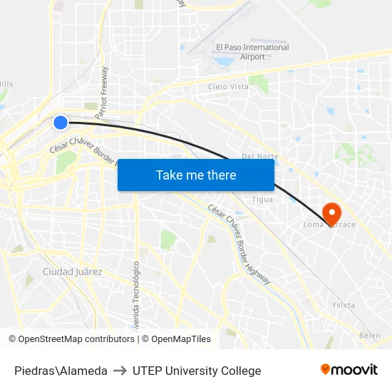 Piedras\Alameda to UTEP University College map