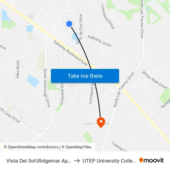 Vista Del Sol\Ridgemar Apts. to UTEP University College map