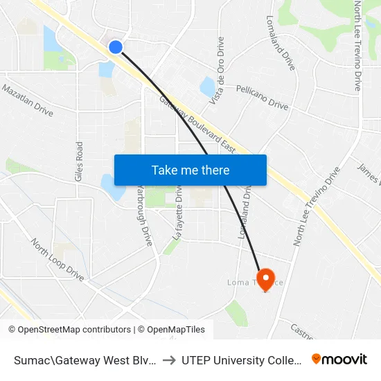 Sumac\Gateway West Blvd. to UTEP University College map
