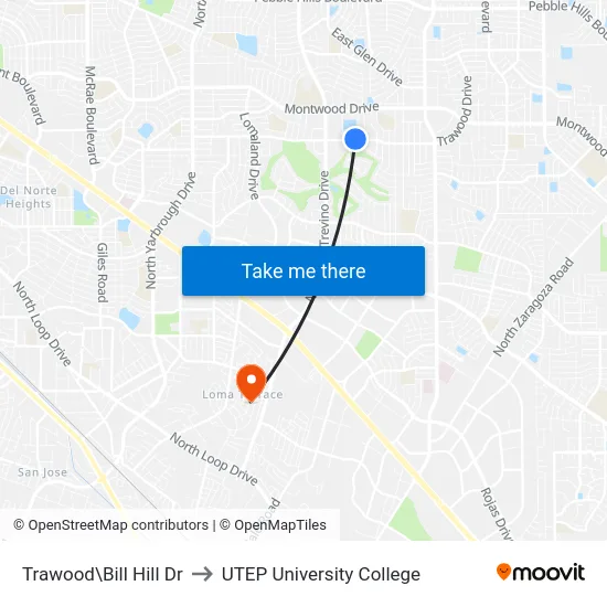 Trawood\Bill Hill Dr to UTEP University College map