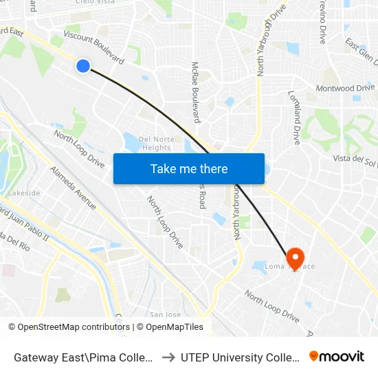 Gateway East\Pima College to UTEP University College map