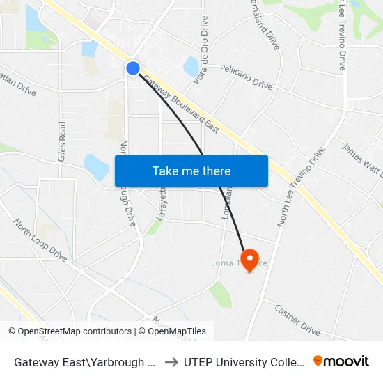 Gateway East\Yarbrough Dr. to UTEP University College map